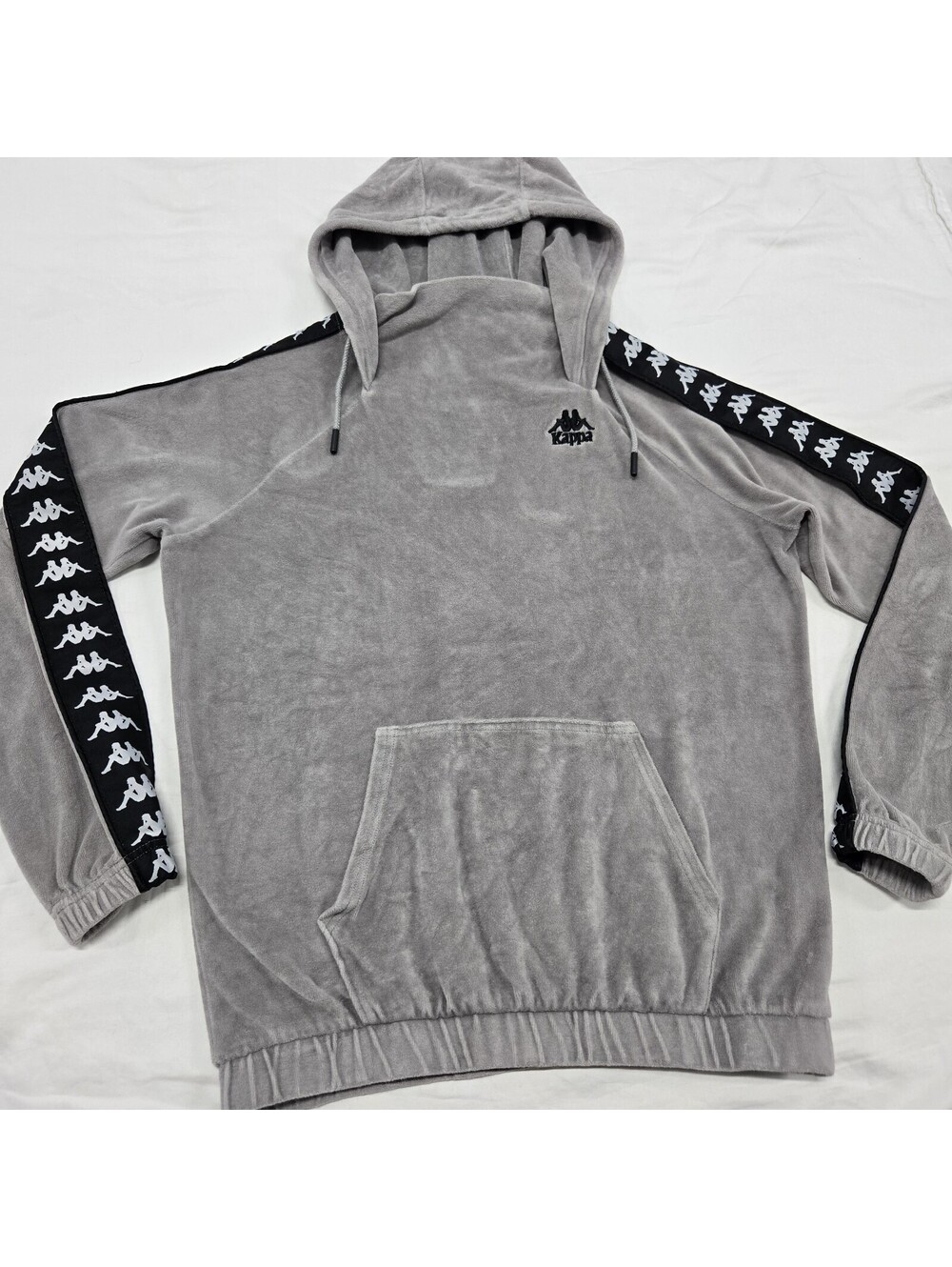 EUC Size LARGE Kappa Grey Velour Hoodie Mock Neck Black White Side Tape Pullover